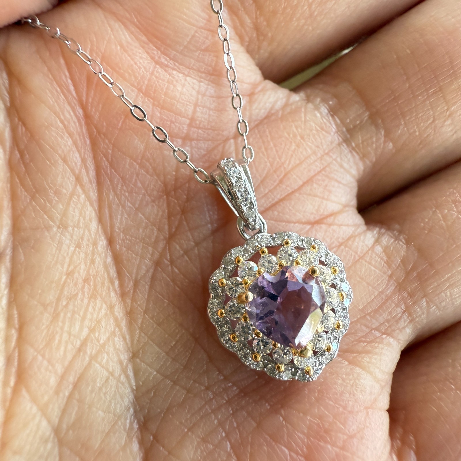 925 Sterling Silver Necklace 5mm Heart Natural Amethyst Gemstone Zircon Chain