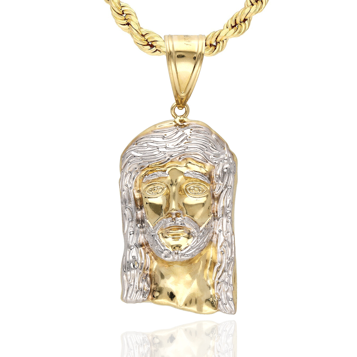 14K Yellow Gold Two-Tone Diamond-Cut Jesus Head Charm Pendant 1.1″-2.7″
