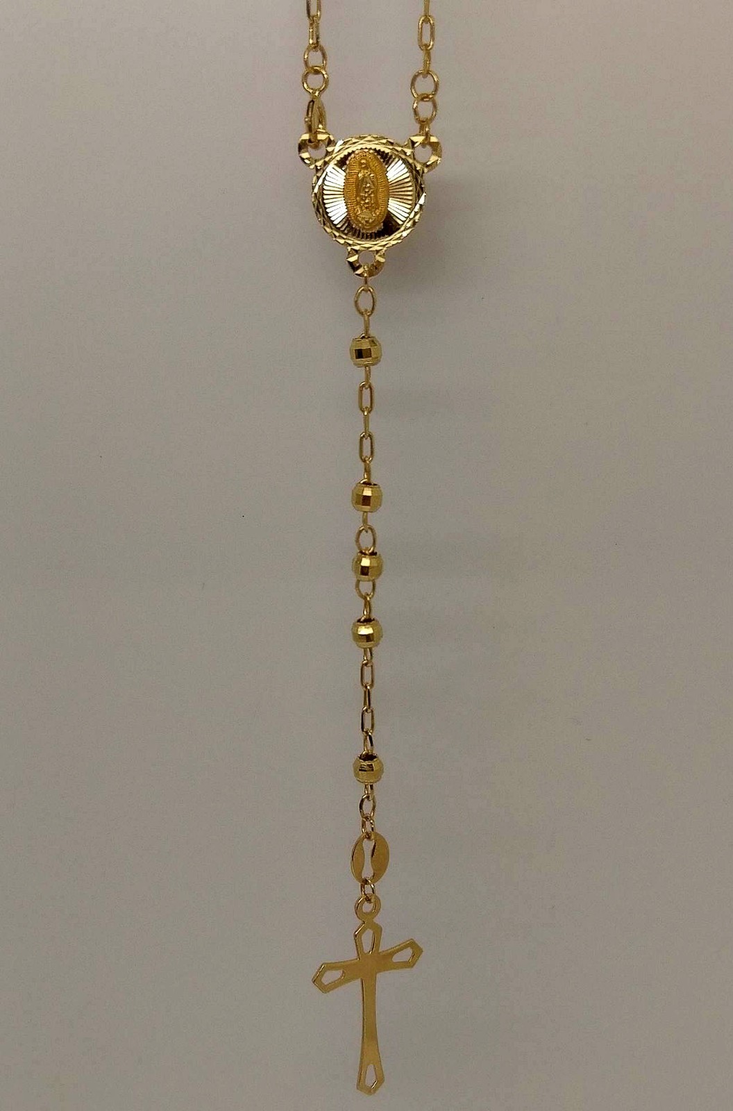 Real 10k Yellow Gold Diamond Cut Jesus Crucifix Beads Rosary Necklace 22″ Oro