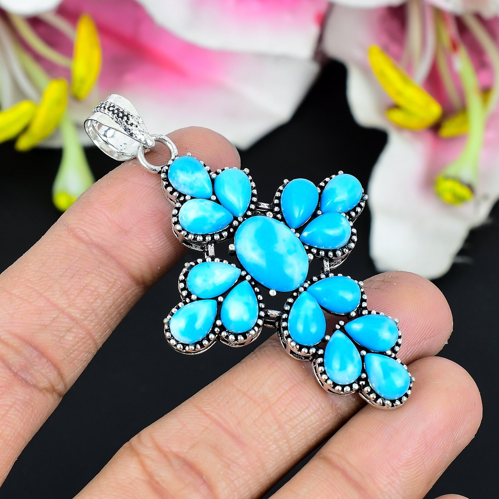 Blue Turquoise Gemstone 925 Sterling Silver Jewelry Boho For Gift Pendant – 2″