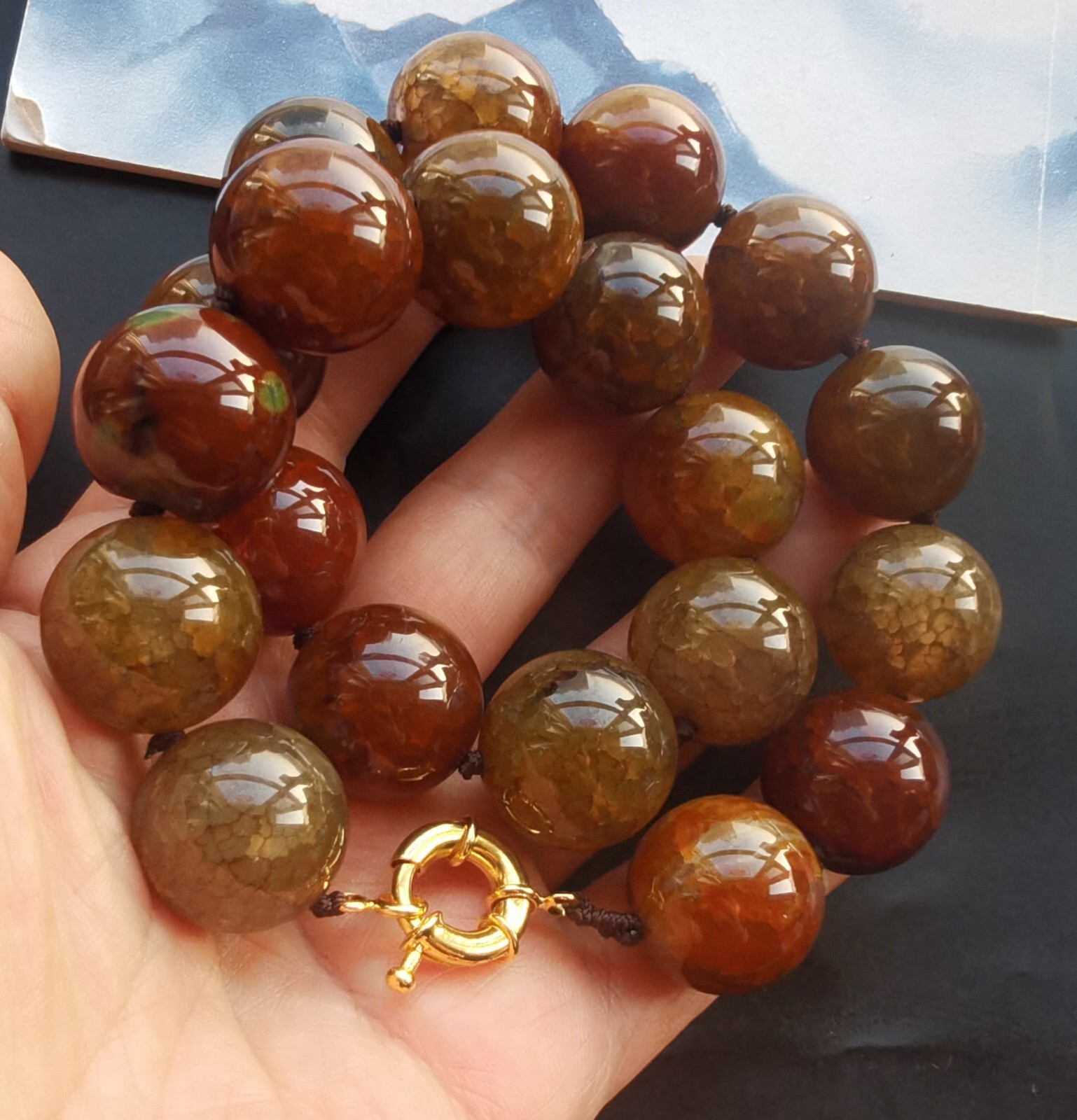 16mm/18mm/20mm Large Round, Brown dragon vein agate stone bead Necklace 16″-24″