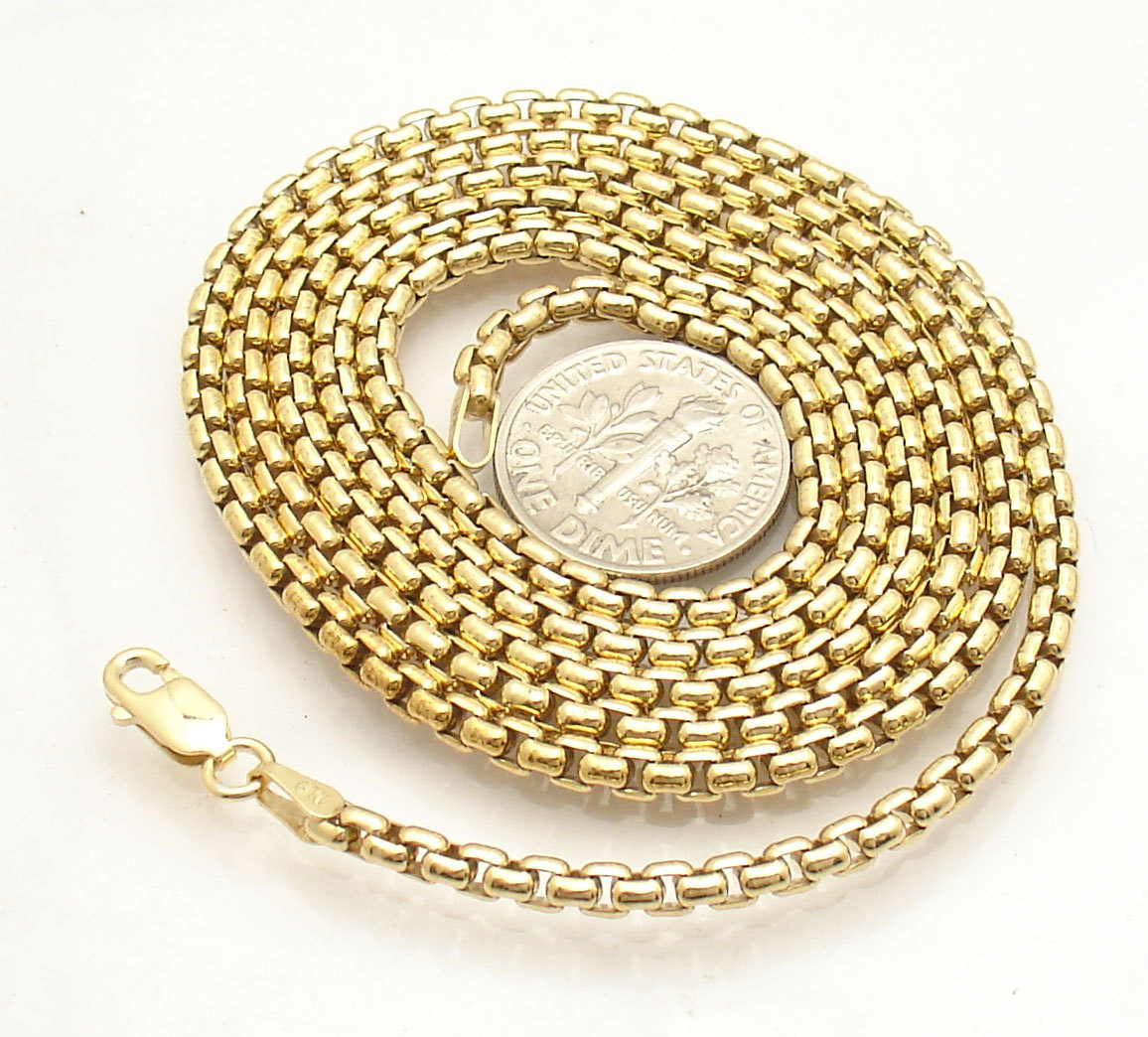 3mm Solid Round Box Chain Necklace 14K Yellow Gold Clad Sterling Silver 20″ 24″