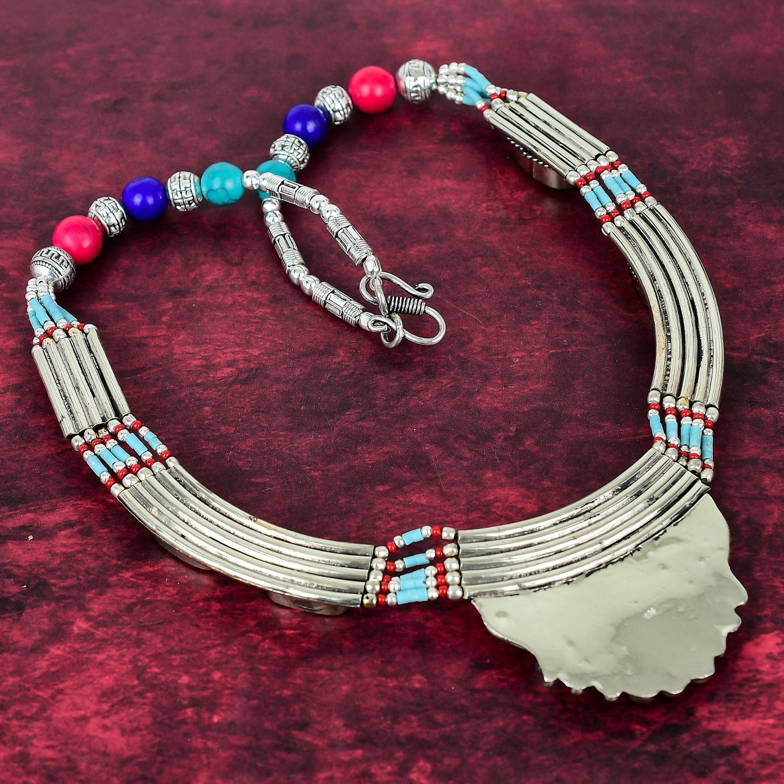 Turquoise & Coral Gemstone Handmade 925 Sterling Silver Nepali Jewelry Necklace