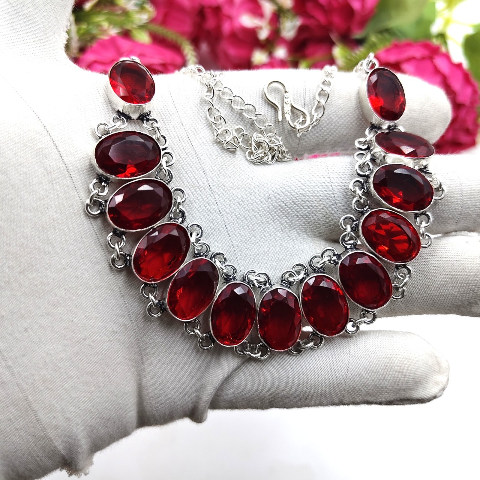 Red Garnet Gemstone 925 Sterling Silver Jewelry Necklace Size-17-18″