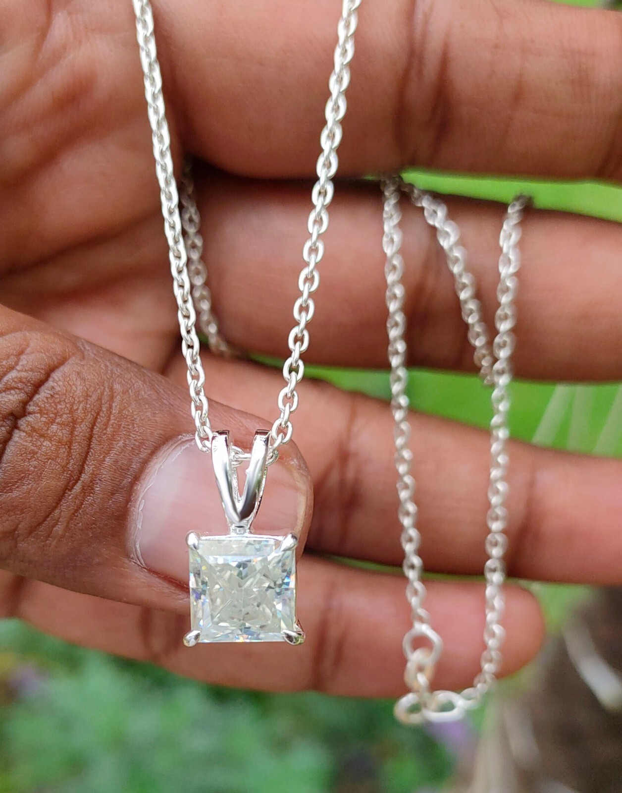 4 Ct Princess Cut White Diamond Solitaire Pendant, Free Diamond Studs