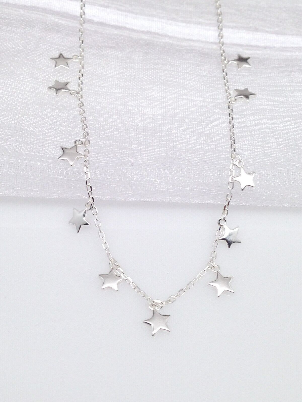925 Sterling Silver Dangle Star Station Choker Necklace Dainty 3.5mm 15.5″ Women