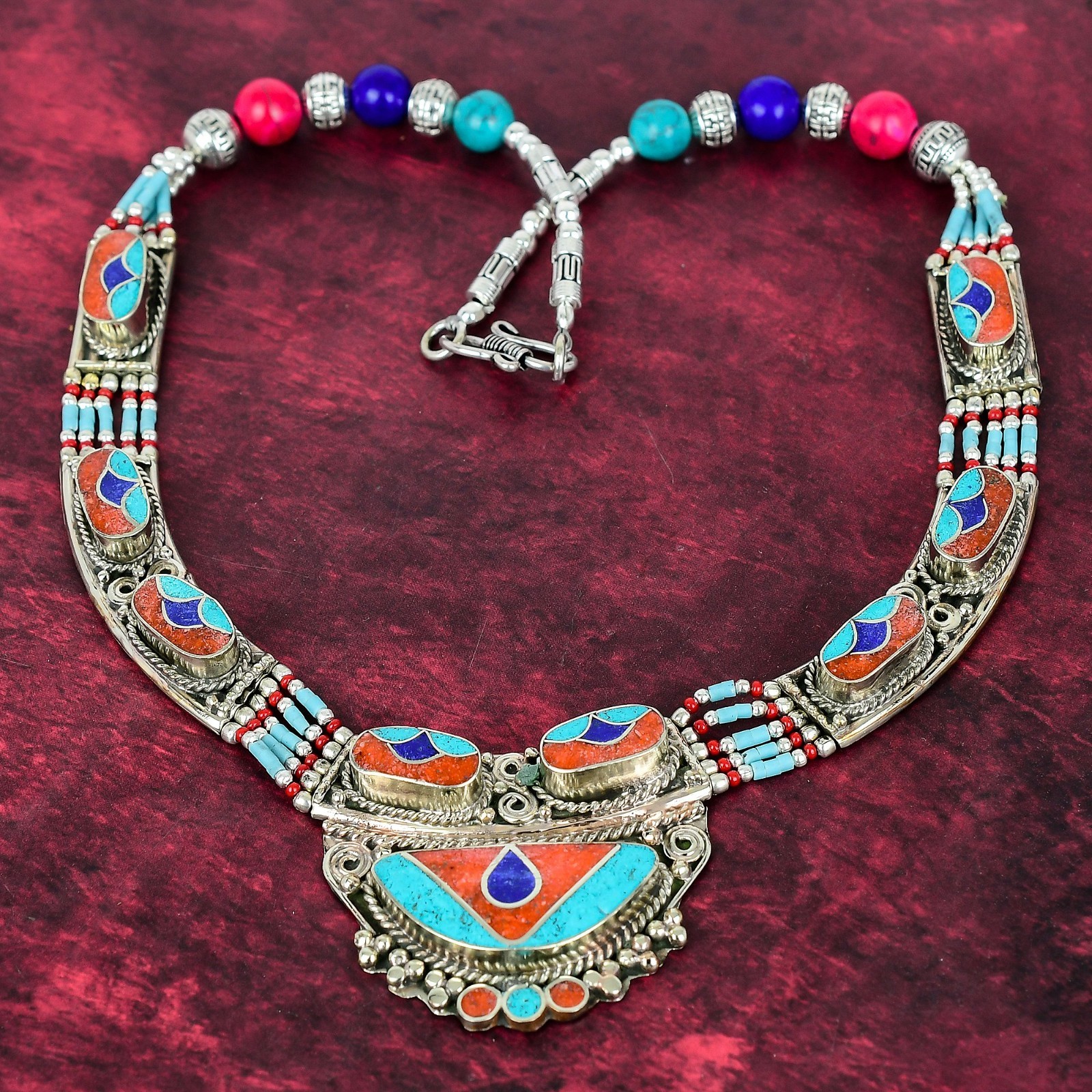 Turquoise & Coral Gemstone Handmade 925 Sterling Silver Nepali Jewelry Necklace