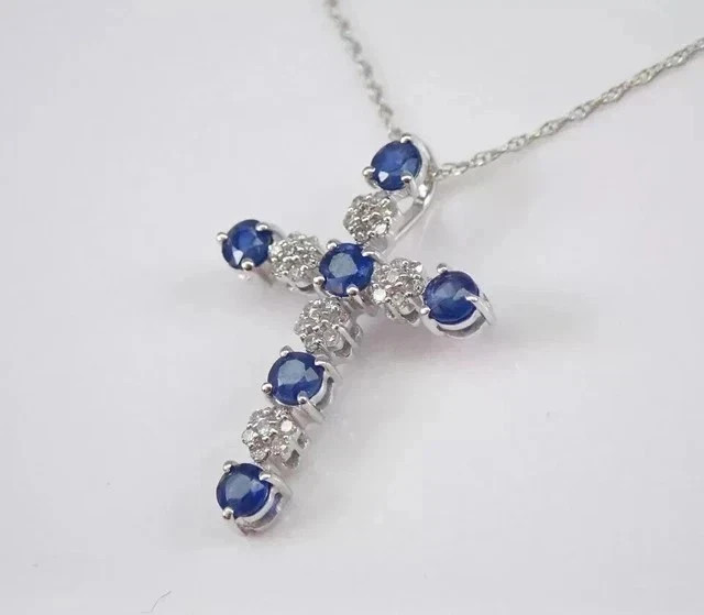1.10Ct Round Cut Lab Created Sapphire Cross Womens Pendant 14K White Gold Plated