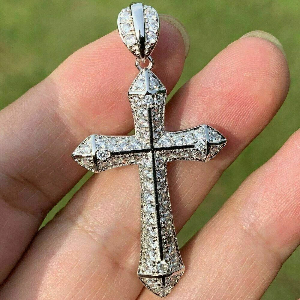 3Ct Round Cut VVS1 Diamond Cross Pendant 14K Solid White Gold Finish Free Chain