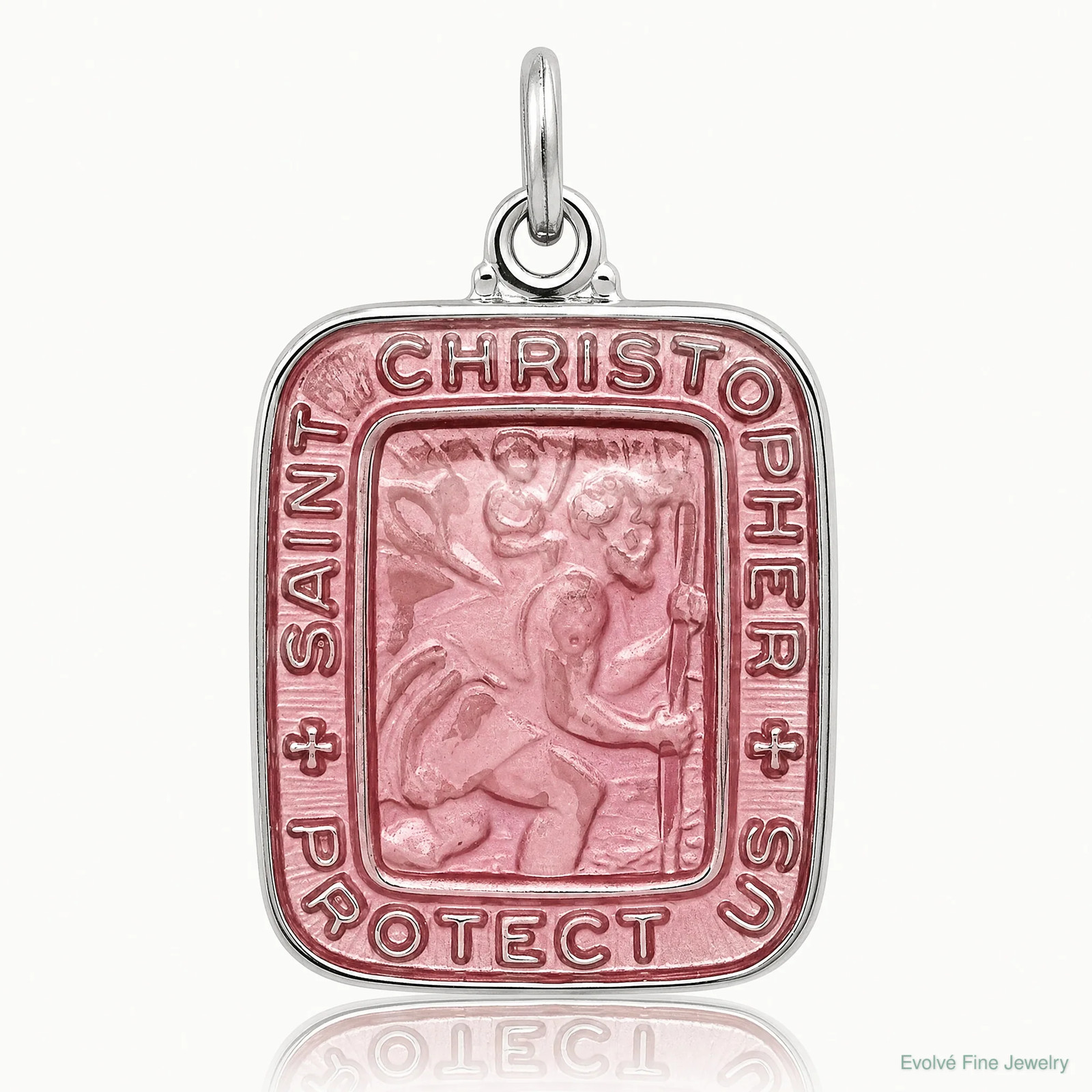 Sterling Silver Pink Enamel Square St. Christopher Medal Pendant