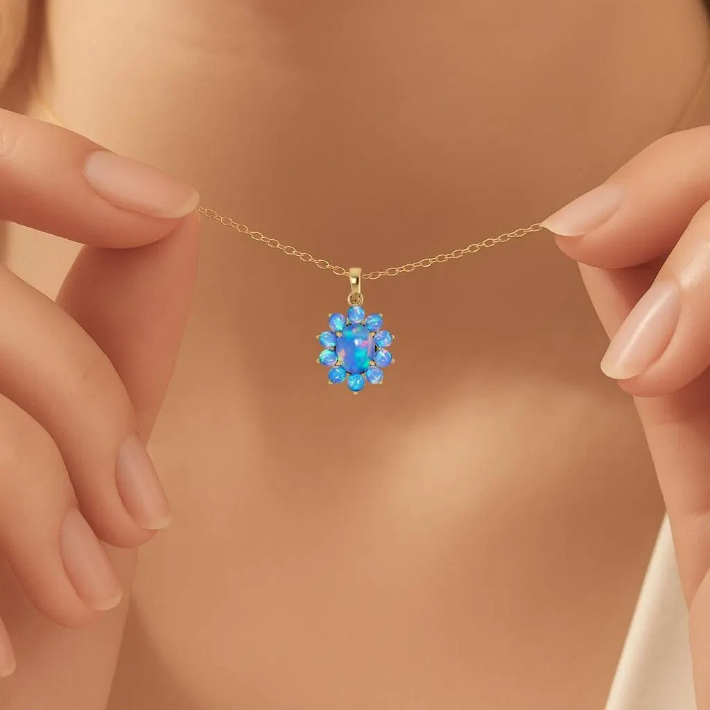 Ethiopian Blue Opal Gemstone Charm Pendant Necklace, Genuine Opal Gemstone