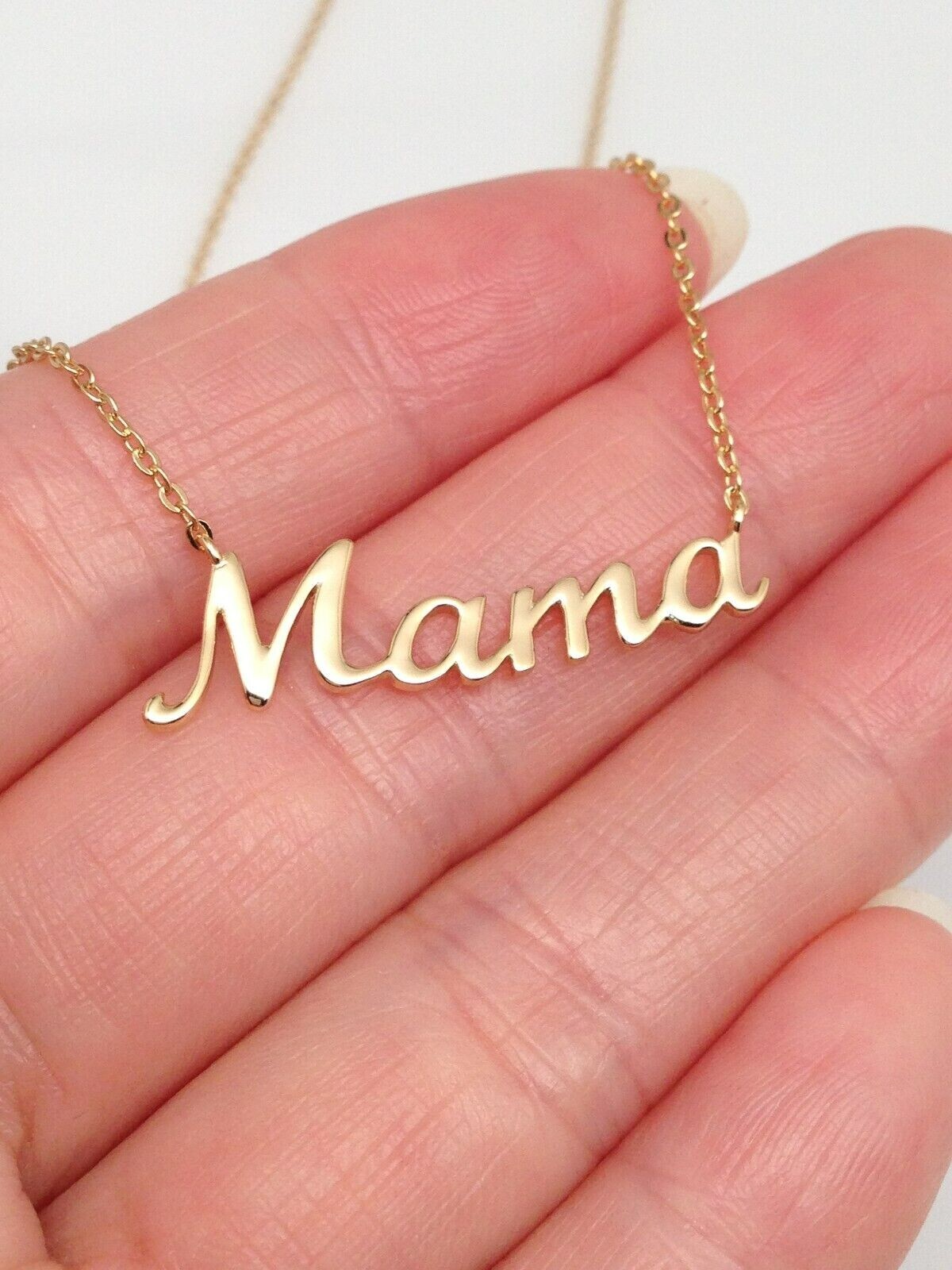 925 Sterling Silver Script Mama Pendant Necklace Gold 31mm(1.22″) 15.25-17.25″