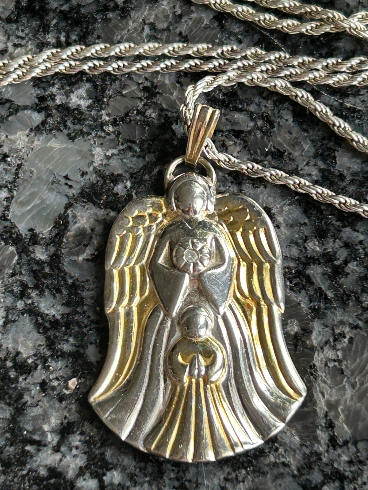 GORHAM STERLING SILVER GUARDIAN ANGEL DIAMOND ACCENT PENDANT NECKLACE 29.75 INCH