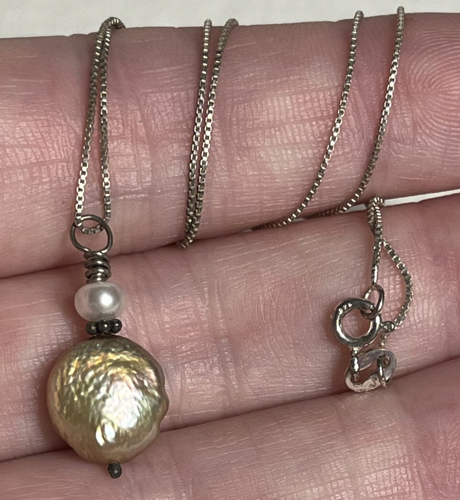 Vintage Sterling Silver .925 Necklace with Artisan Coin Pearl Pendant