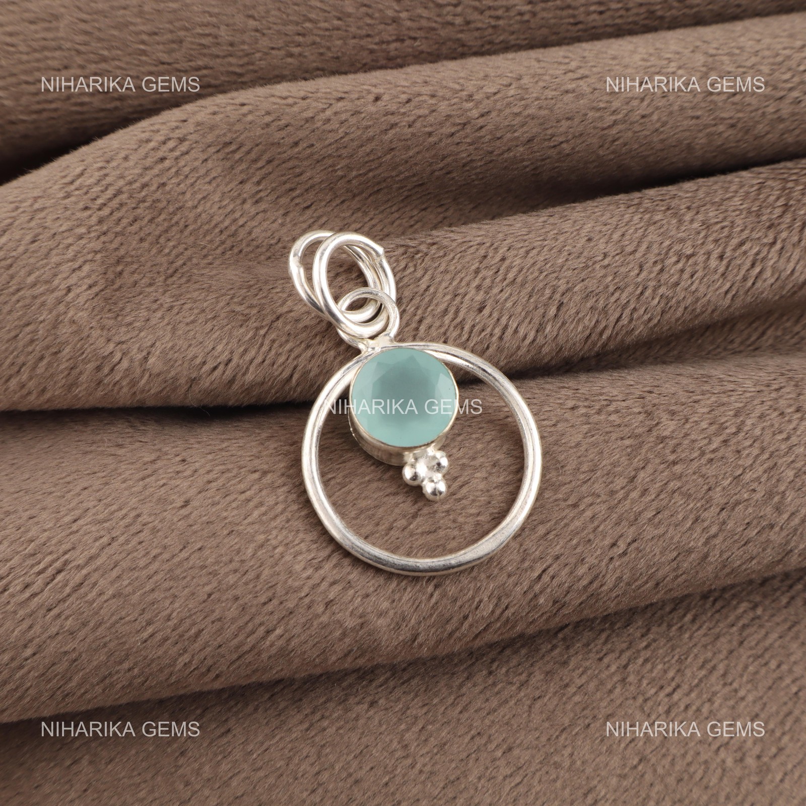 Round Aqua Chalcedony Stone Sterling Silver Trendy Throat Chakra Artisan Pendant