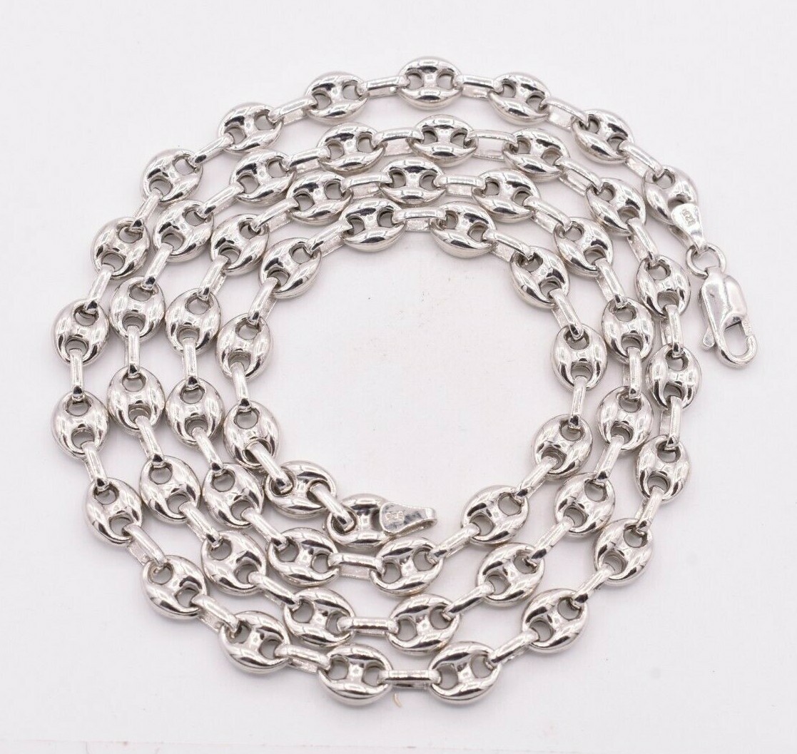 7mm Puffed Anchor Mariner Chain Necklace 14K White Gold-Plated Sterling Silver