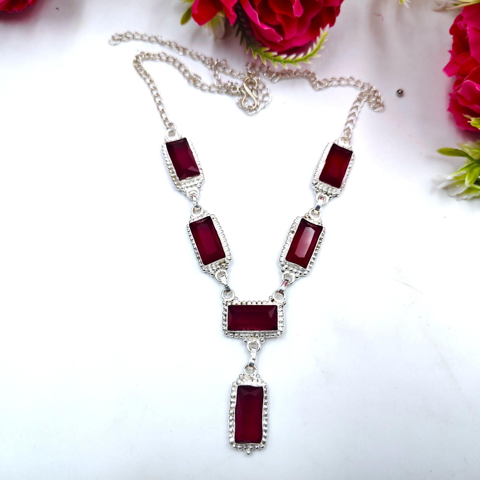 Red Garnet Gemstone Handmade 925 Sterling Silver Jewelry Necklace Size-17-18″