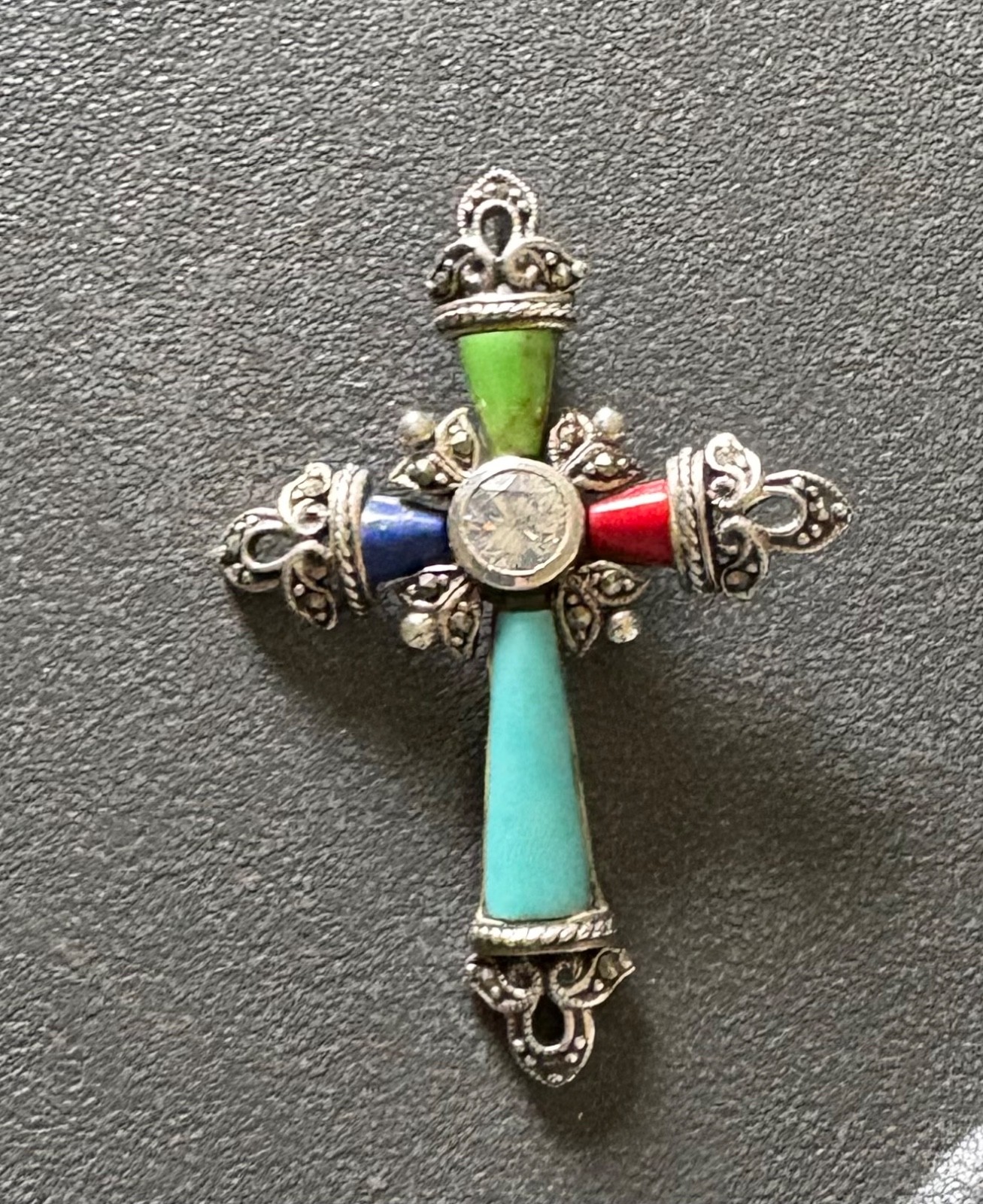 925 Sterling Silver Cross Pendant Turquoise Coral Lapis 2″ 7.16 grams CZ Gemston