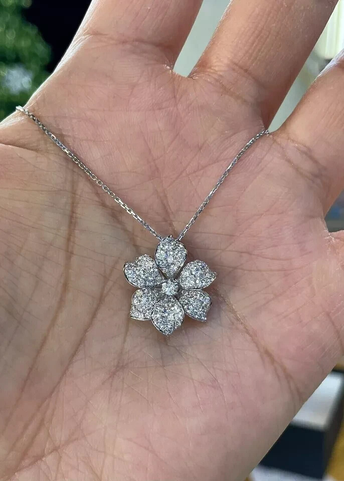 2.00Ct Lab Created Diamond Round Flower Pendant 14K White Gold Plated Free Chain