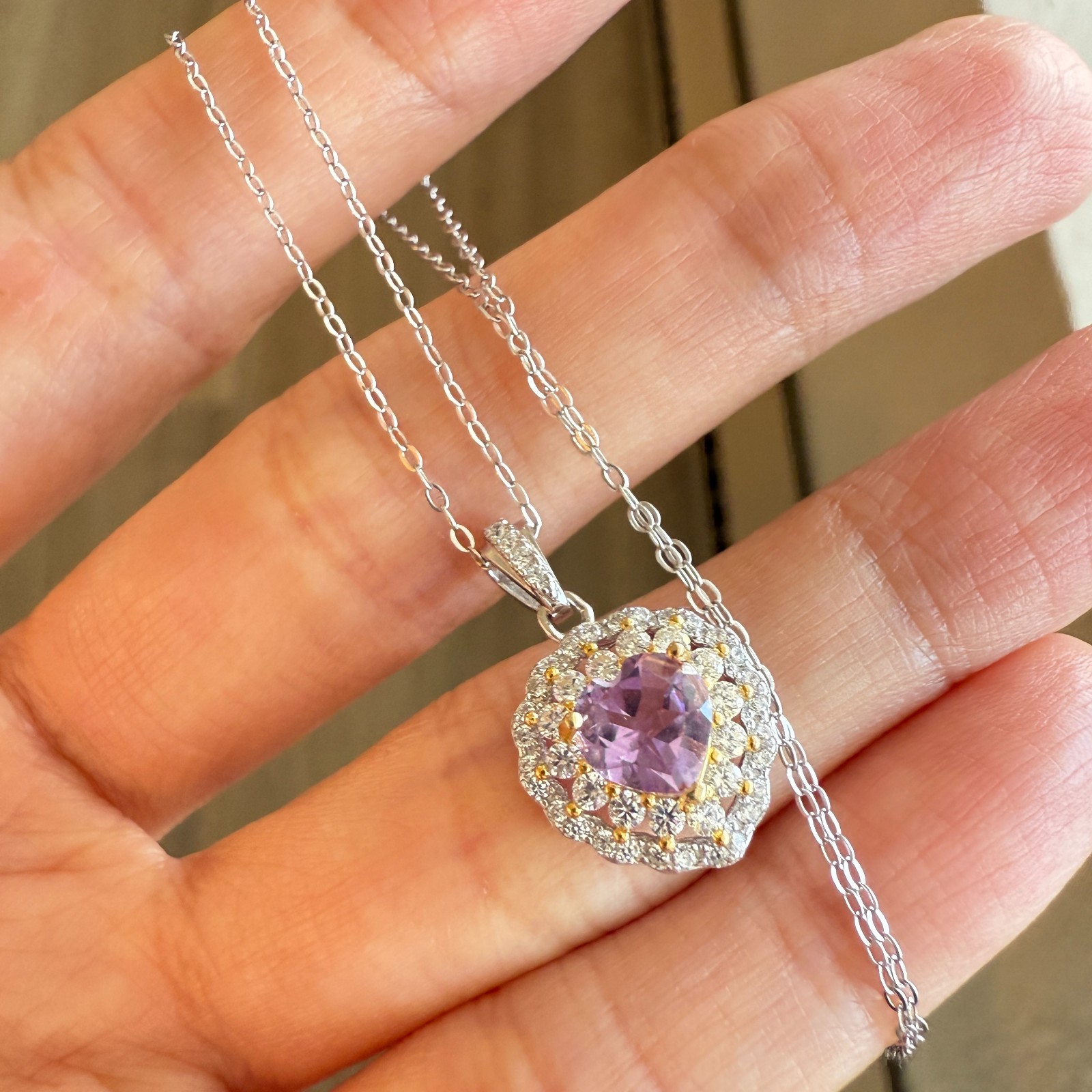 925 Sterling Silver Necklace 5mm Heart Natural Amethyst Gemstone Zircon Chain