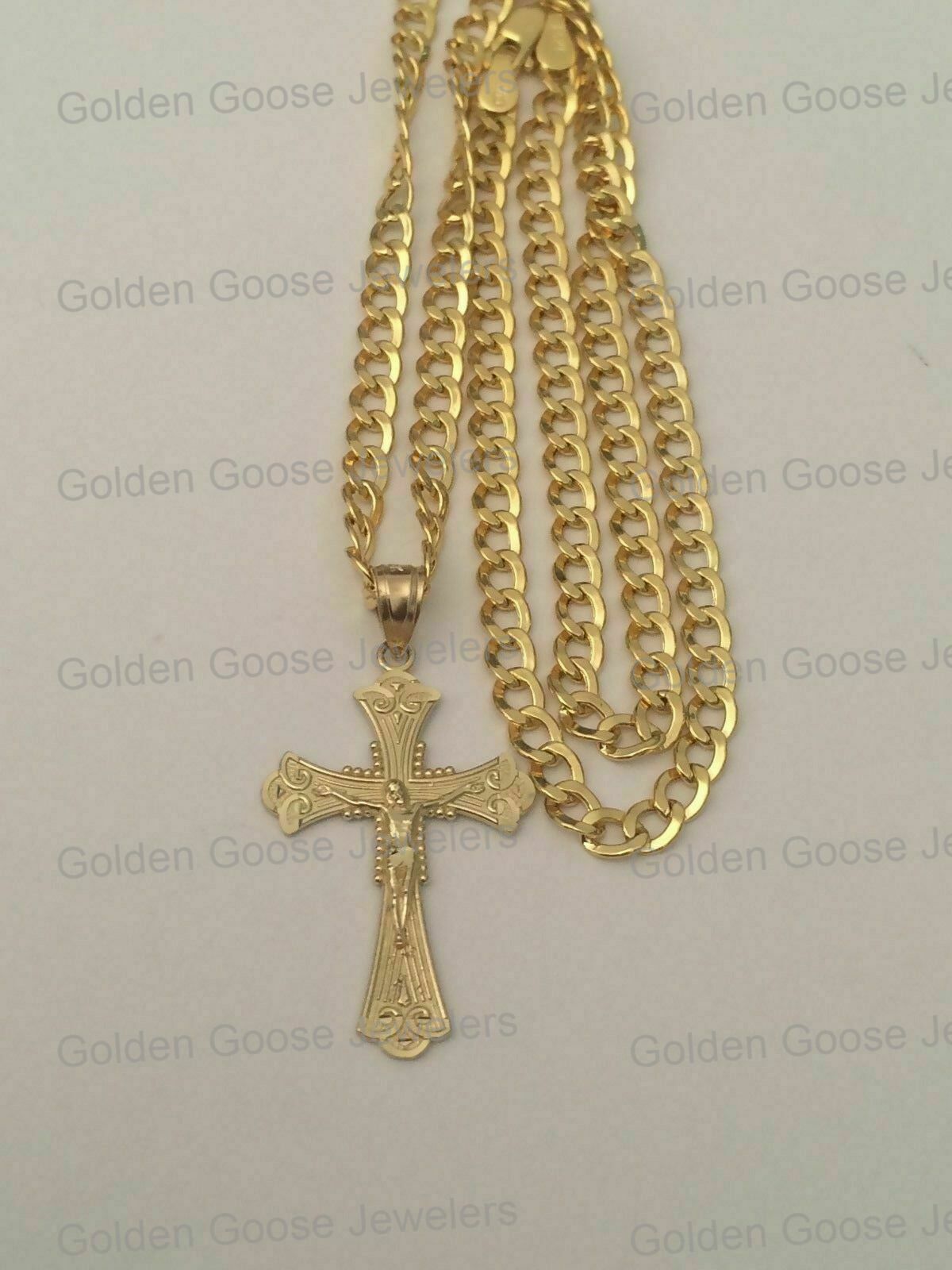 10k Yellow Gold Jesus Crucifix Cross Pendant Charm Cuban Link Chain 16″ – 24″