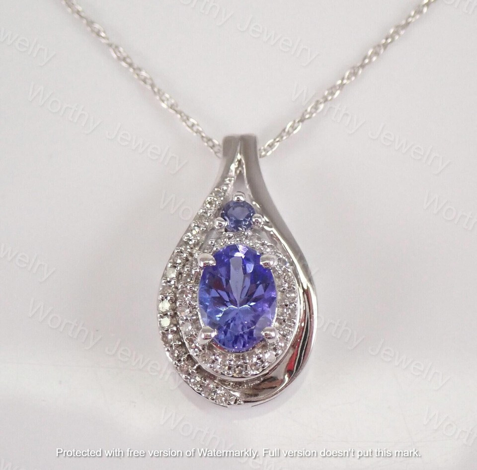 2.00Ct Oval Cut Lab Created Tanzanite Halo Pendant 14K White Gold Silver Plated