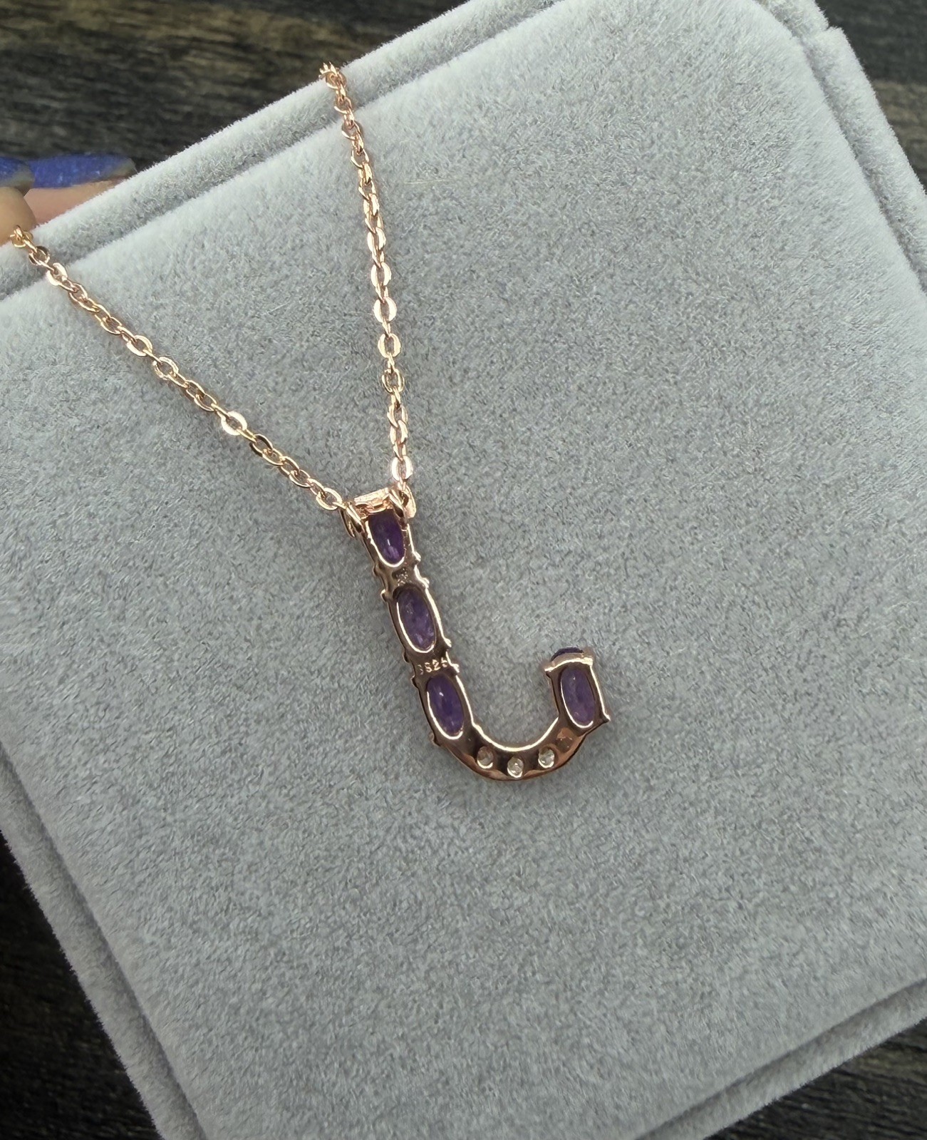 Stunning Natural Purple Amethyst Initial J -18K Rose Gold Pendant/Necklace 20 in