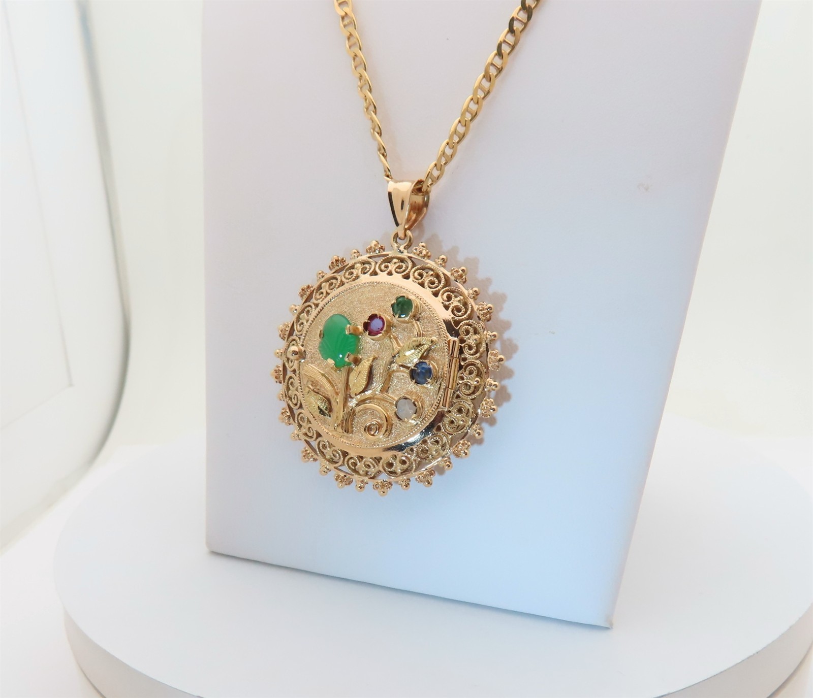 18K Antique Filigree Necklace Pill Box Stash Reversible Locket Gemstone 23″ N437