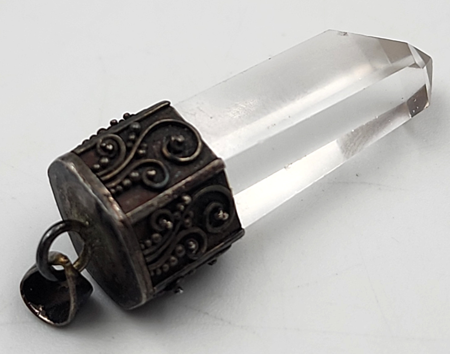 Quartz Point Crystal Pendant Sterling Silver Filigree Cap 1.5 In