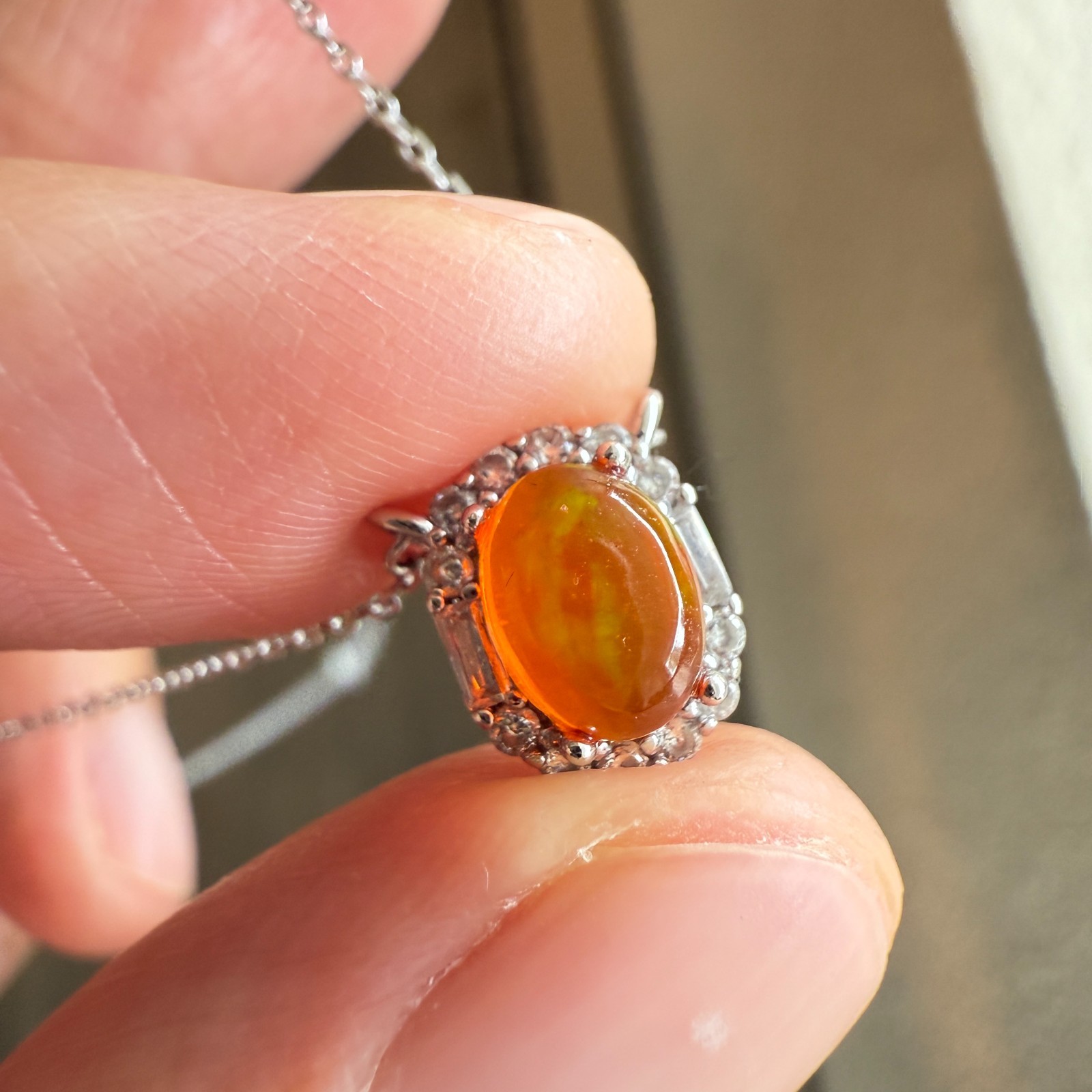 925 Sterling Silver Necklace 7x6mm Natural Fire Opal Zircon Handmade Chain Gift
