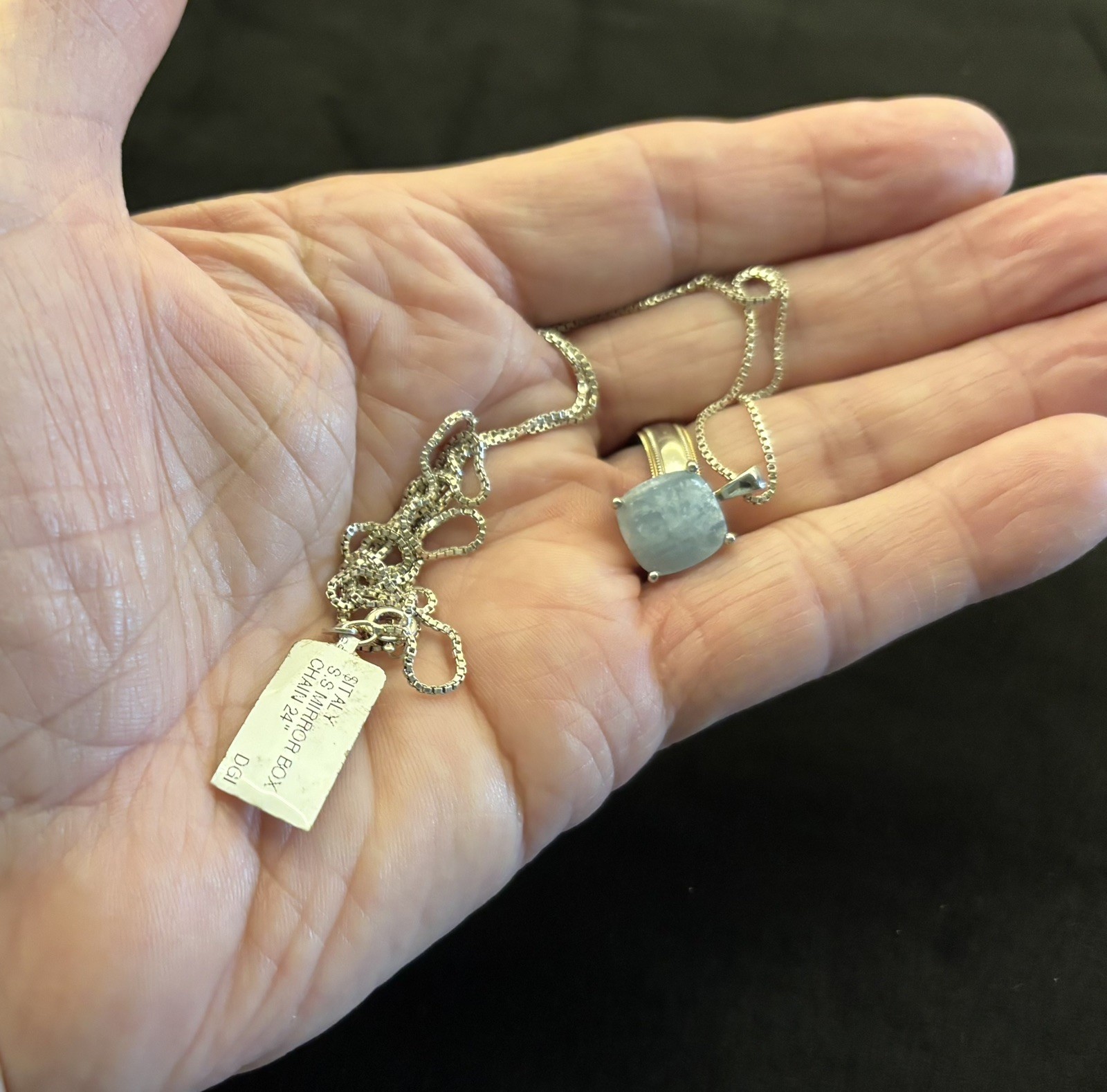 24 Sterling Silver 1mm Chain with Sterling Box Mounted Pale Blue Stone..925