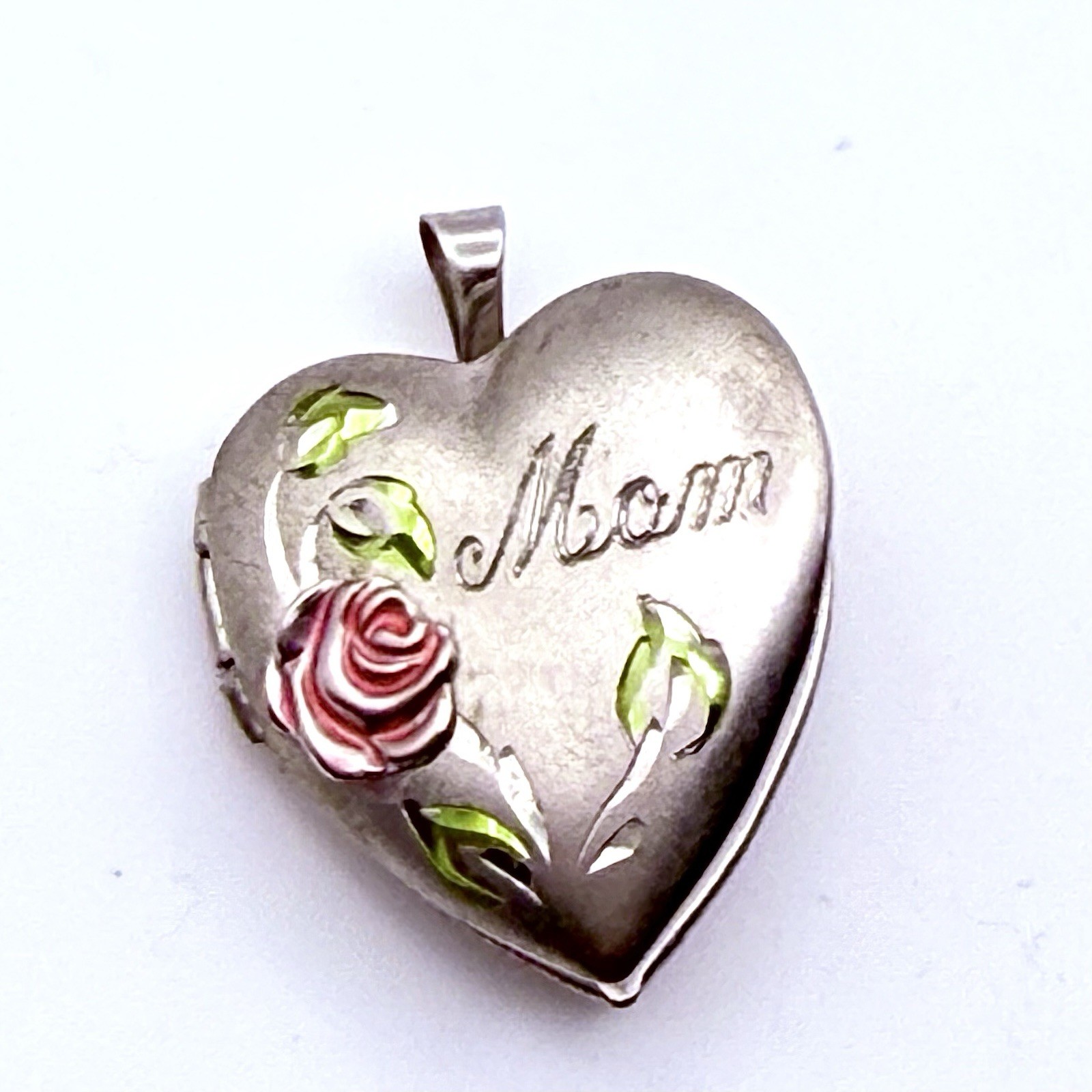 Sterling Silver Heart LOCKET Pink Enamel Rose “Mom” Inscription Mothers Day Gift