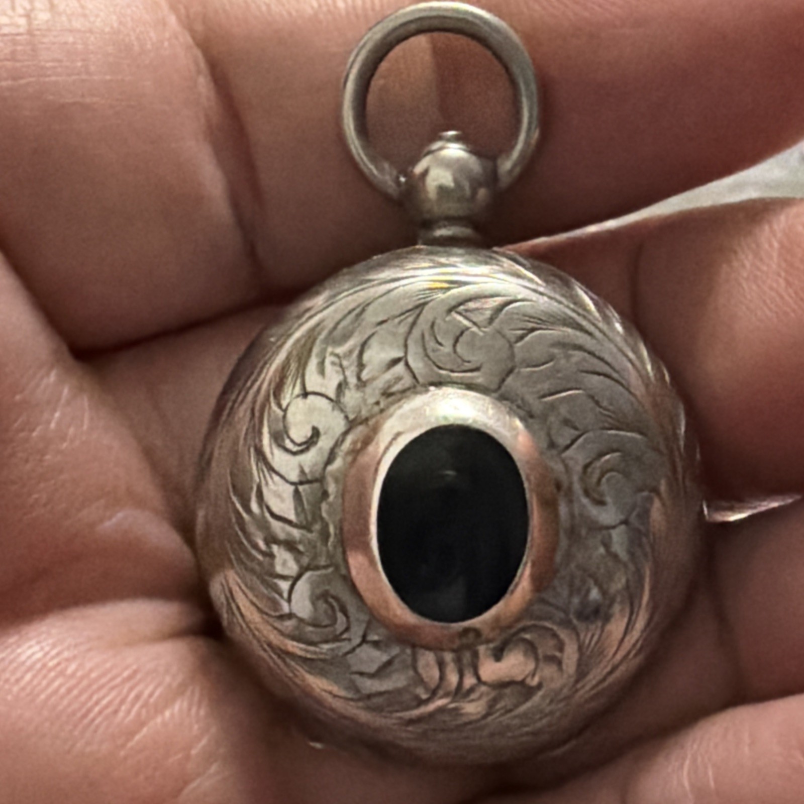 Vintage Albo Silver Locket/pendant With Black Oynx Stone And Engraved Detailing