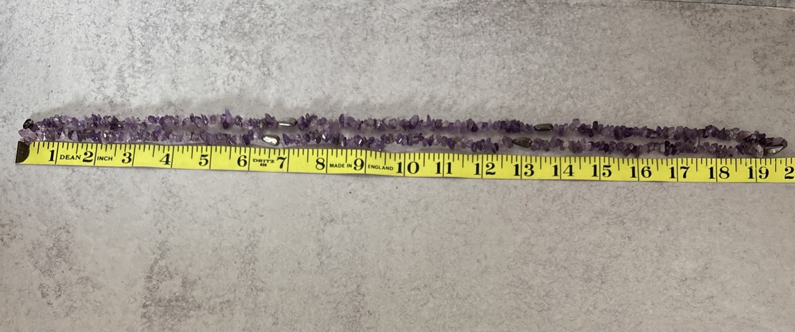 Purple Amethyst Chip Necklace 40″ Intermittent Dark Grey Beads Boho