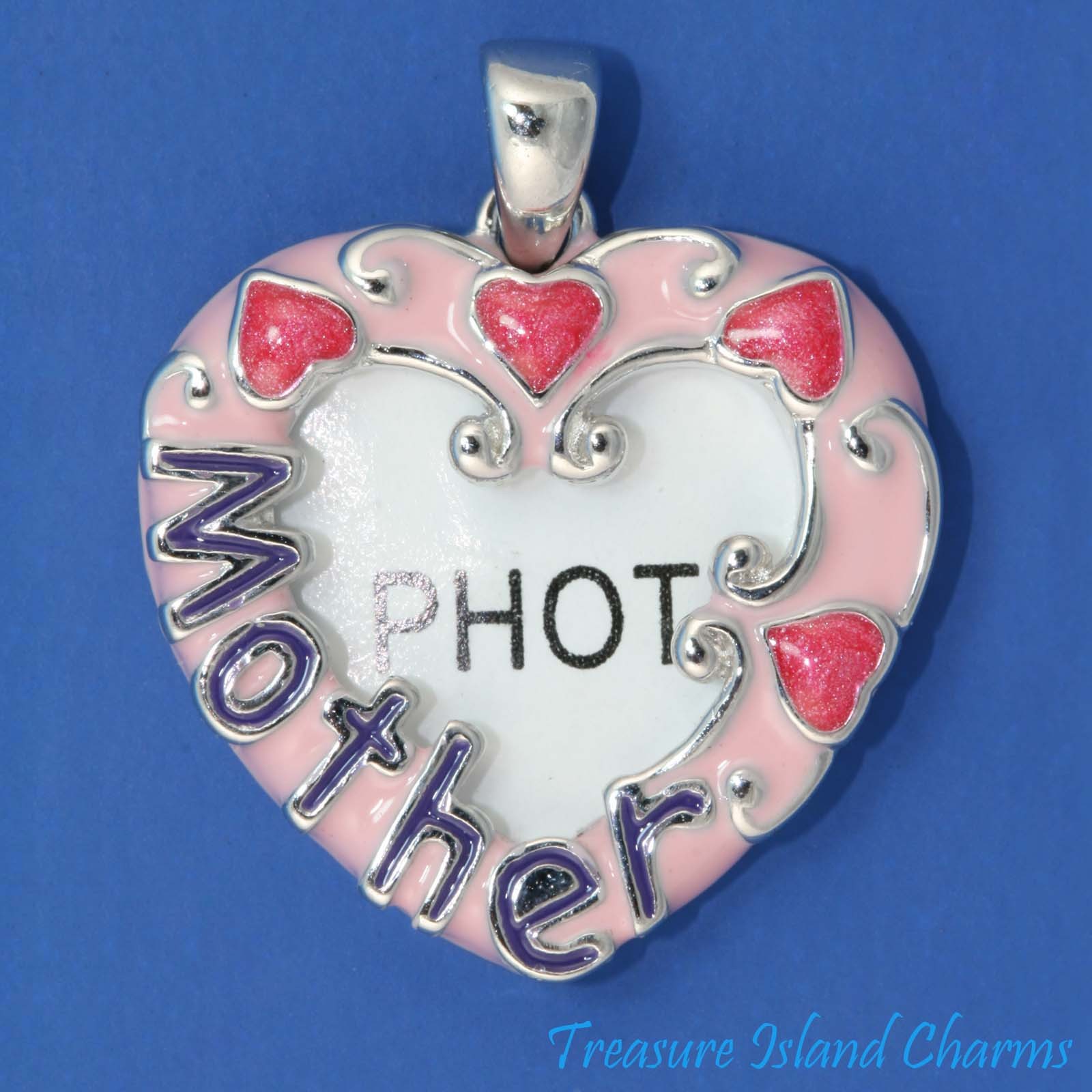 Mother Heart Pink Purple Enamel Photo Frame 925 Solid Sterling Silver Pendant