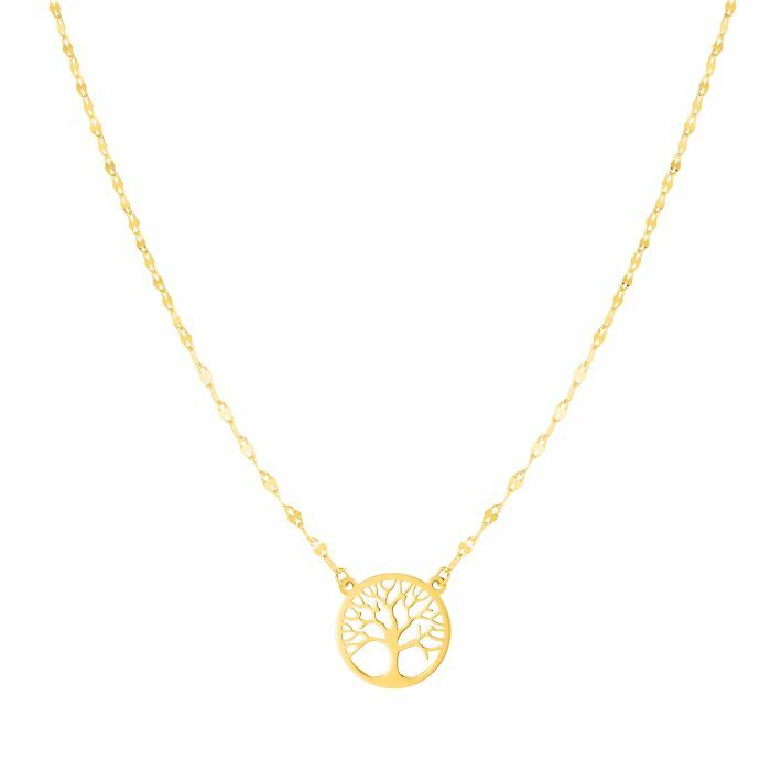 18″ Polished Tree of Life on Mirror Chain Necklace Real 14K Yellow Gold 0.7gr