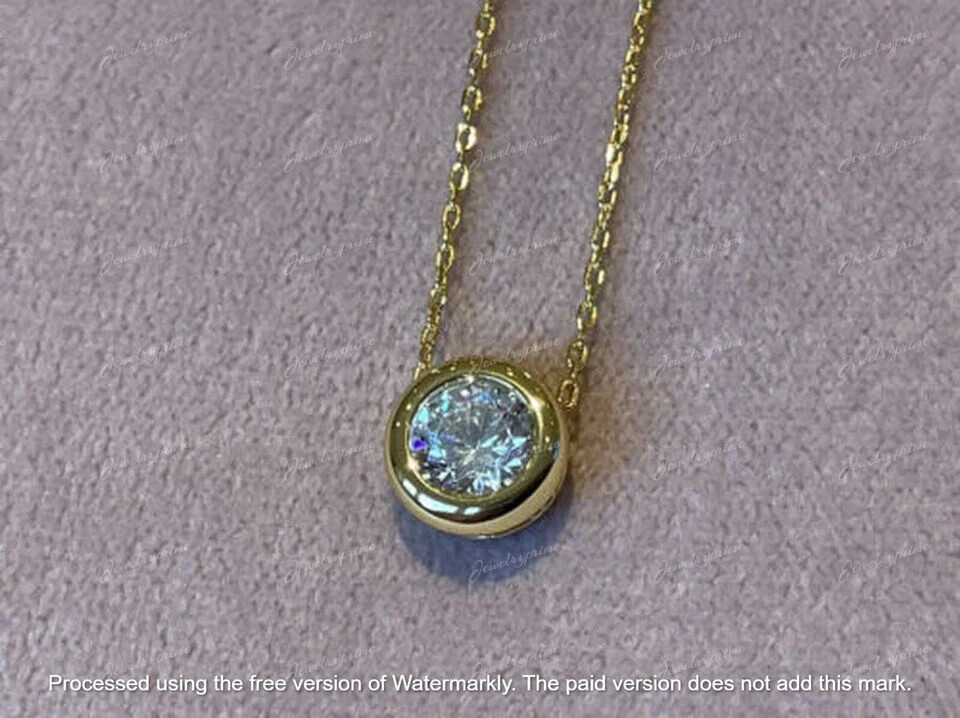 Real 10k Yellow Gold 2Ct Lab Created Moissanite Pendant Bezel Set Neckalce