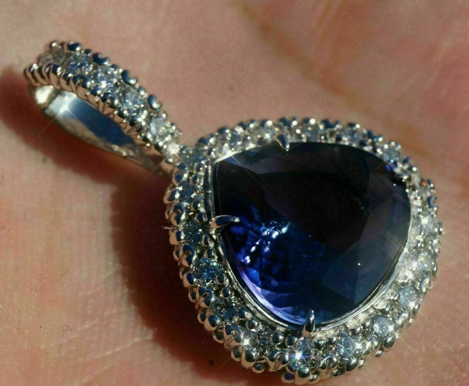 3CT Trillion Blue Sapphire Diamond Halo Pendant Necklace 14K White Gold Finish