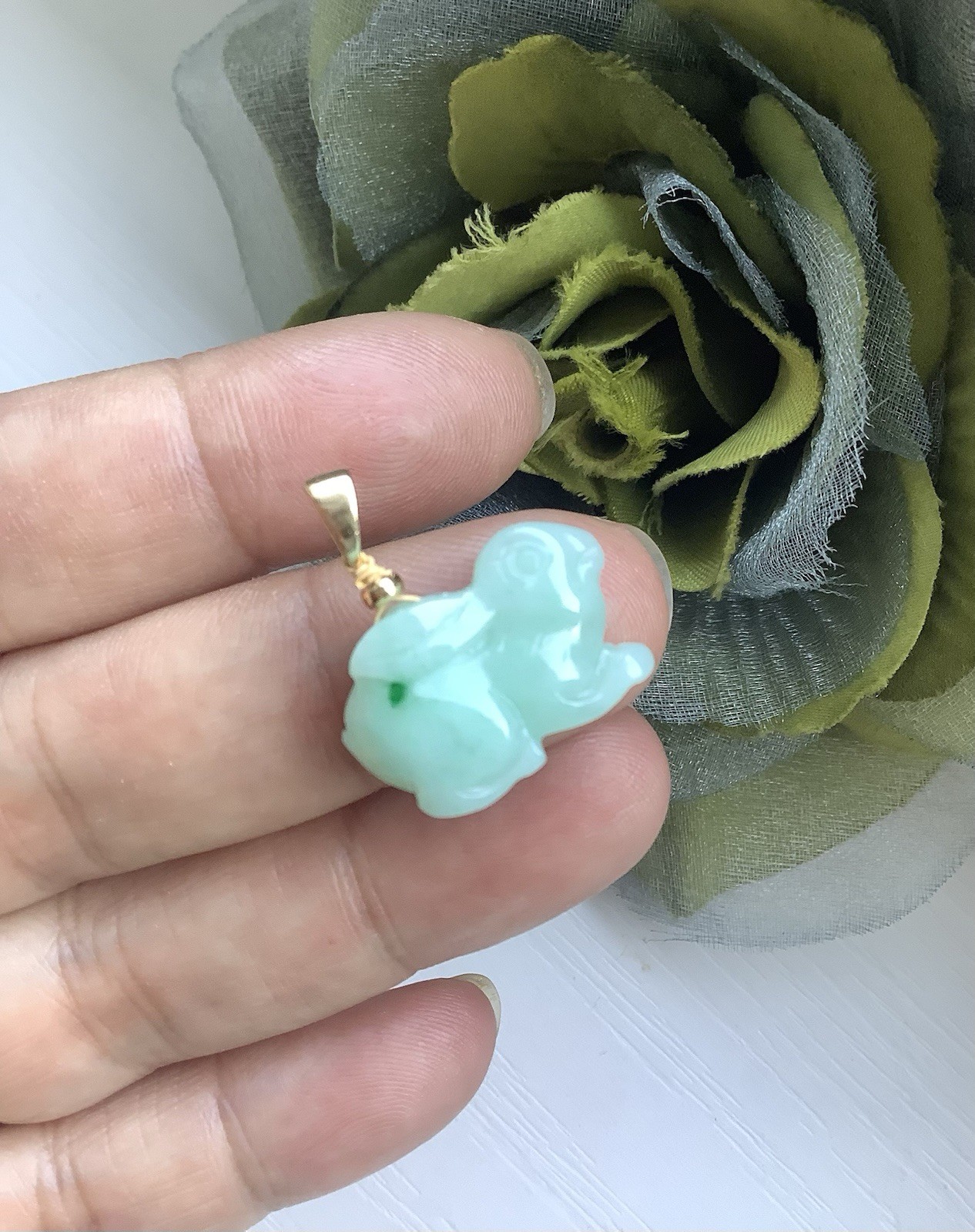 Handcrafted natural untreated Burma Green jade little rabbit pendant charm
