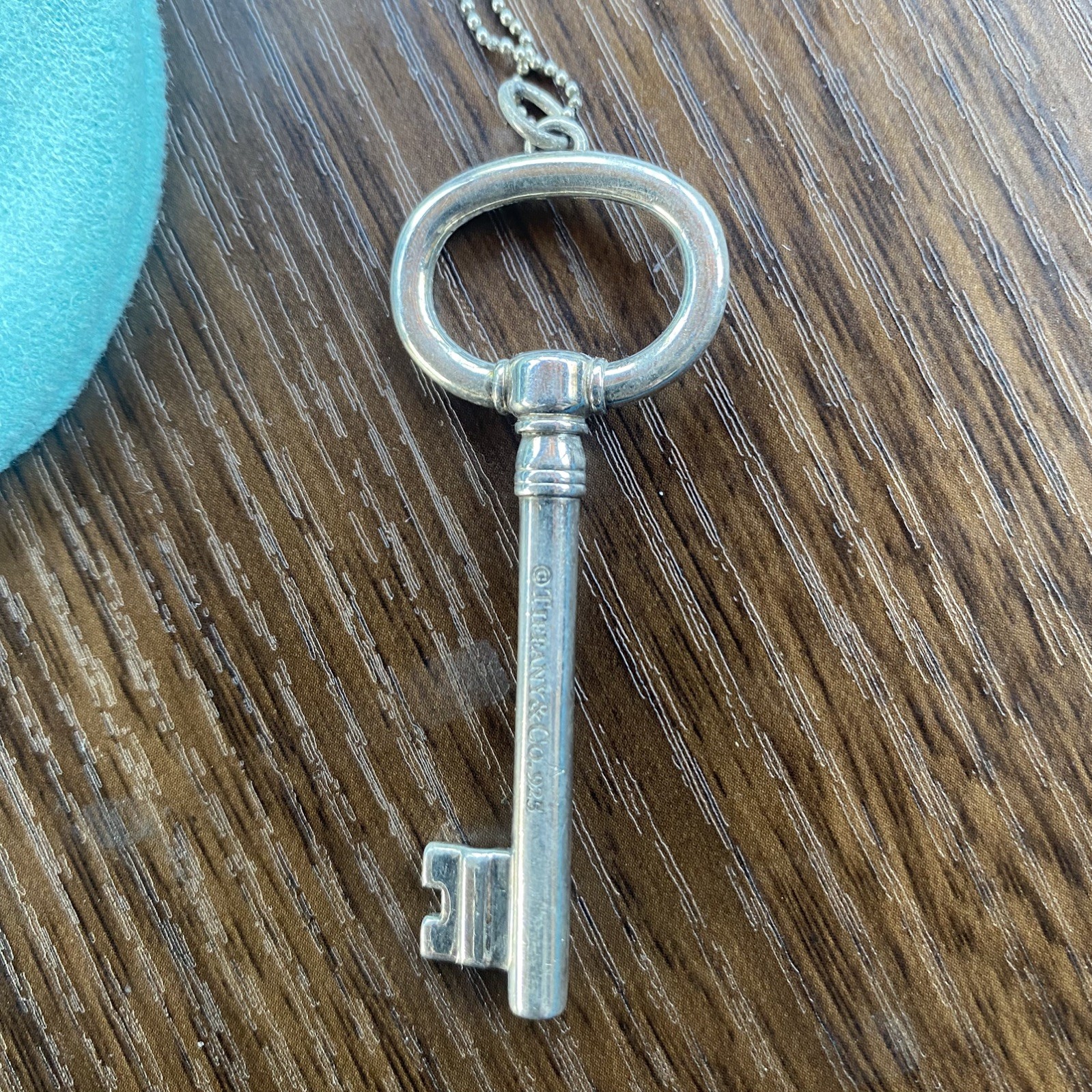 Tiffany & Co. Sterling Silver Large 2.5” Oval Key on 36” Beaded Chain