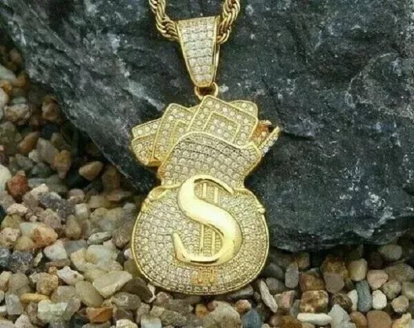 Diamond 2Ct Dollar Money Bag Hip Hop Pendant 14K Yellow Gold Finish