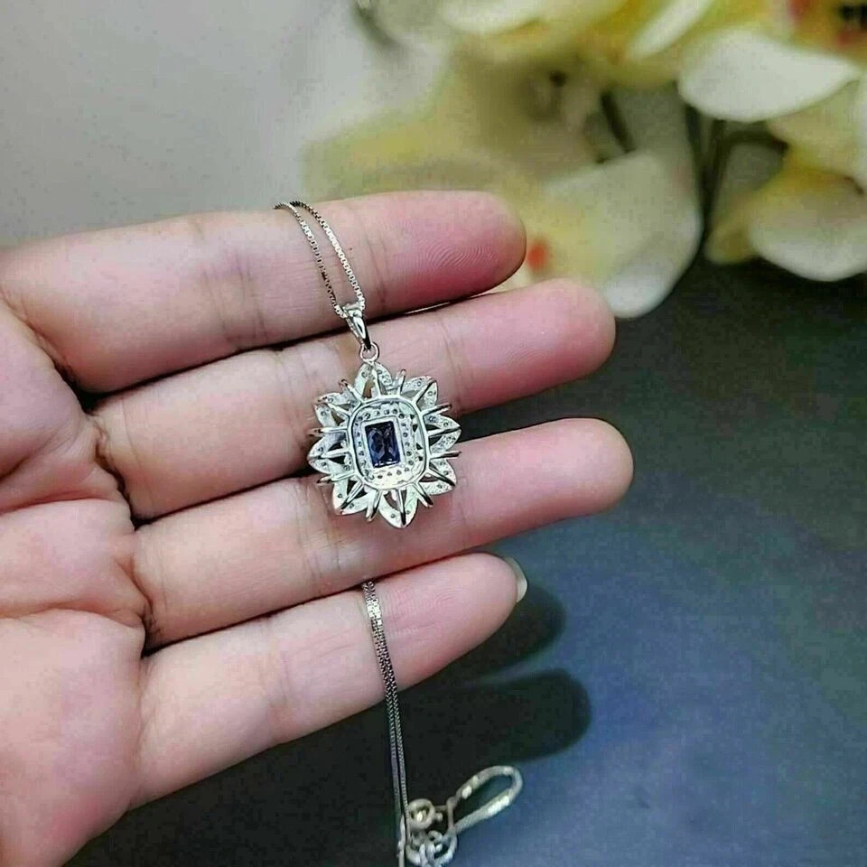 Flower 3Ct Emerald Cut Blue Tanzanite Pendant 14K White Gold Finish With Chain