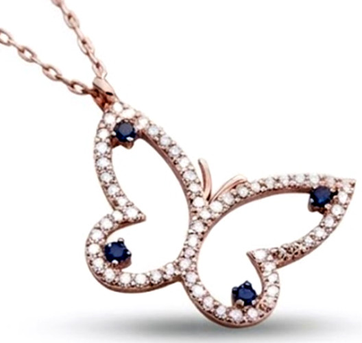 1.20ct Natural diamond 14k BIS Hallmarked rose gold Sapphire Butterfly Pendant