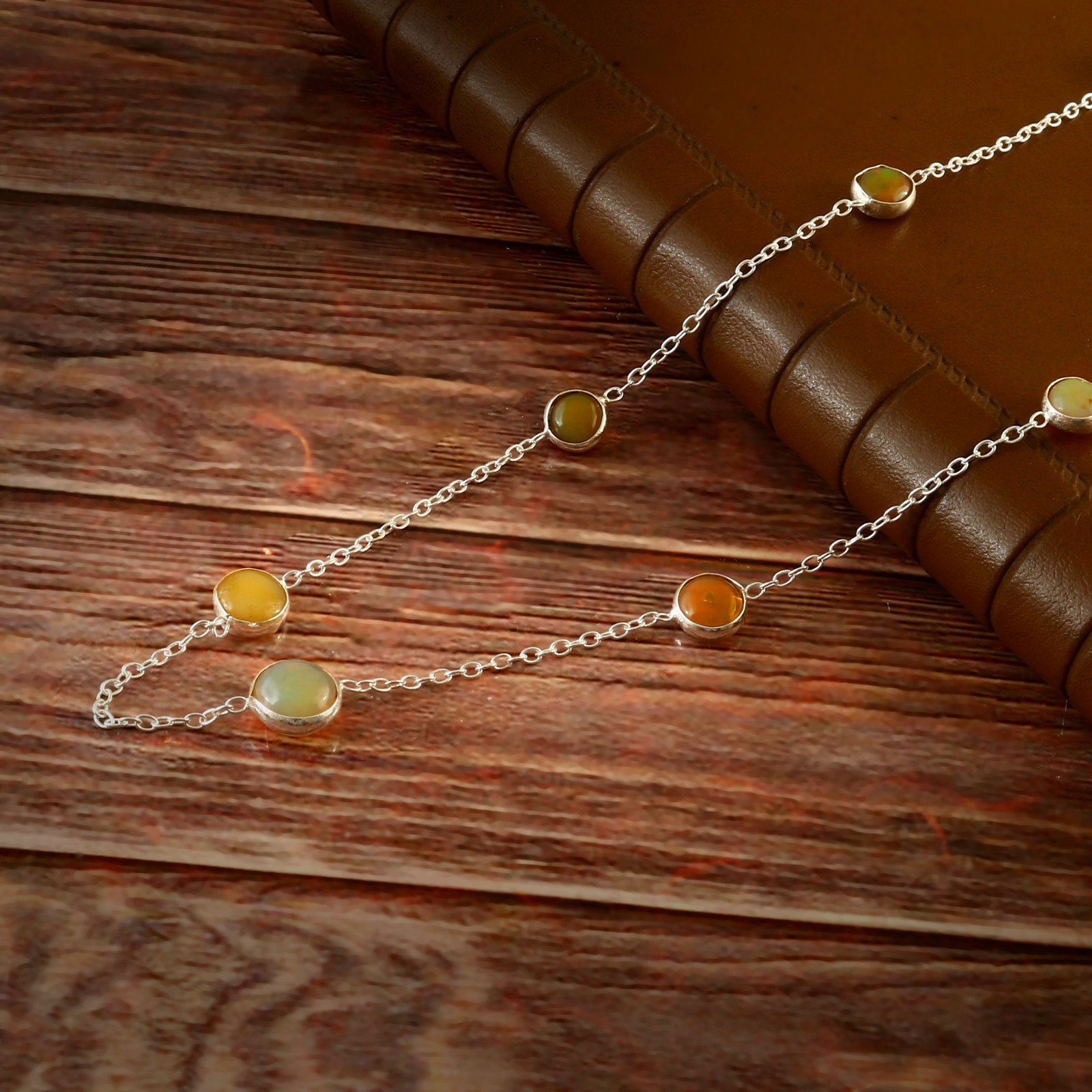 Ethiopian Opal Station Necklace Sterling Silver Bezel Set Gemstone Chain 2951