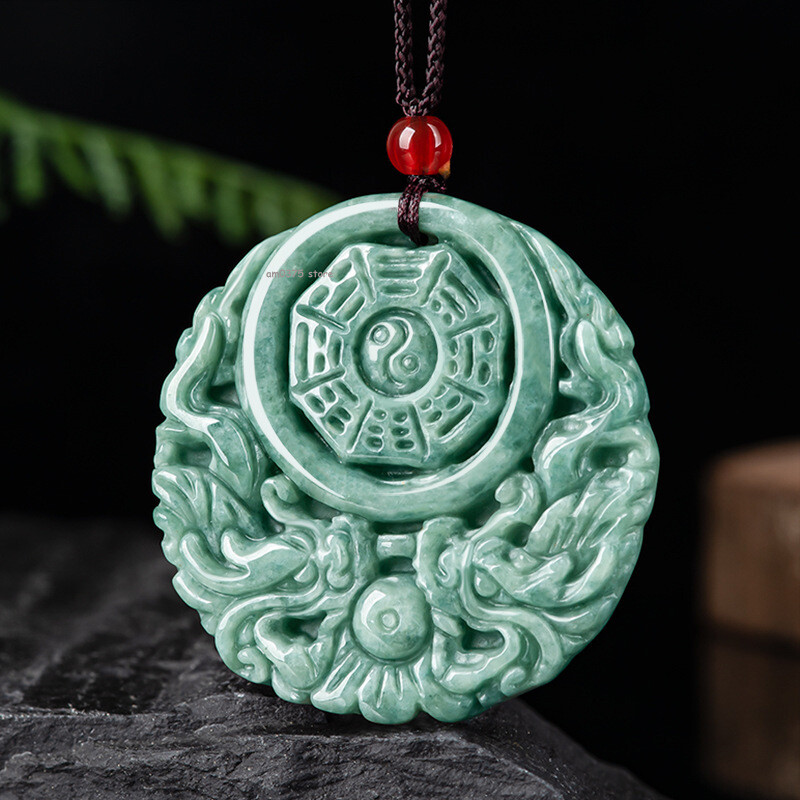 Natural Grade A Jade Jadeite Jade Hollow Double Dragon Eight Trigrams Pendant