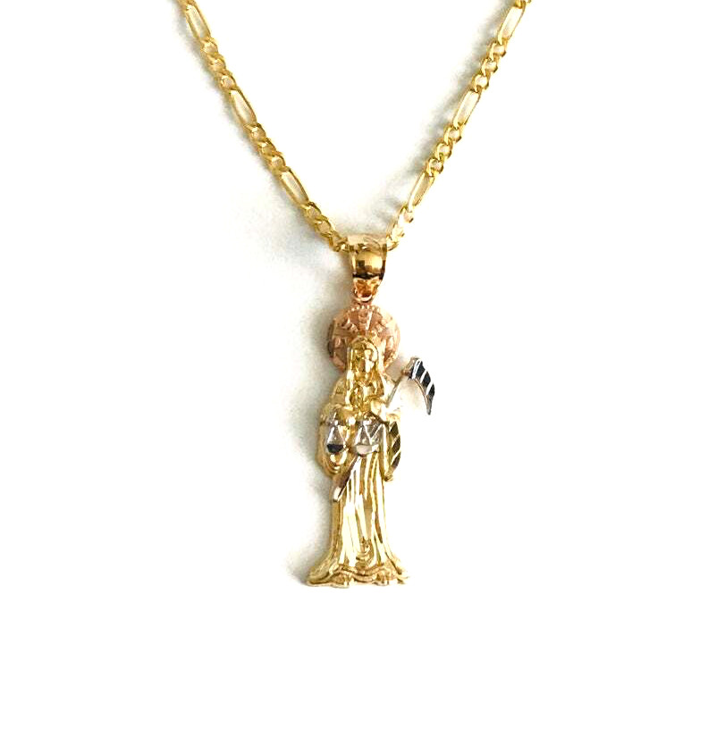 14K SOLID GOLD GRIM REAPER 18″ NECKLACE, 14K SOLID GOLD 34mm SANTA MUERTE – PT97
