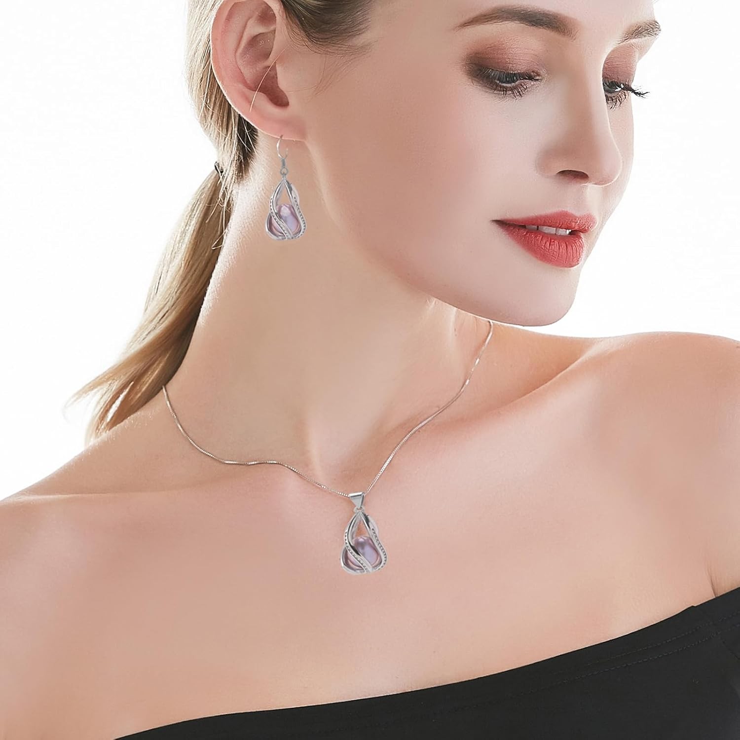 Pearl Jewelry Set for Women – Necklace & Earrings, Sterling Silver / Gold Plated