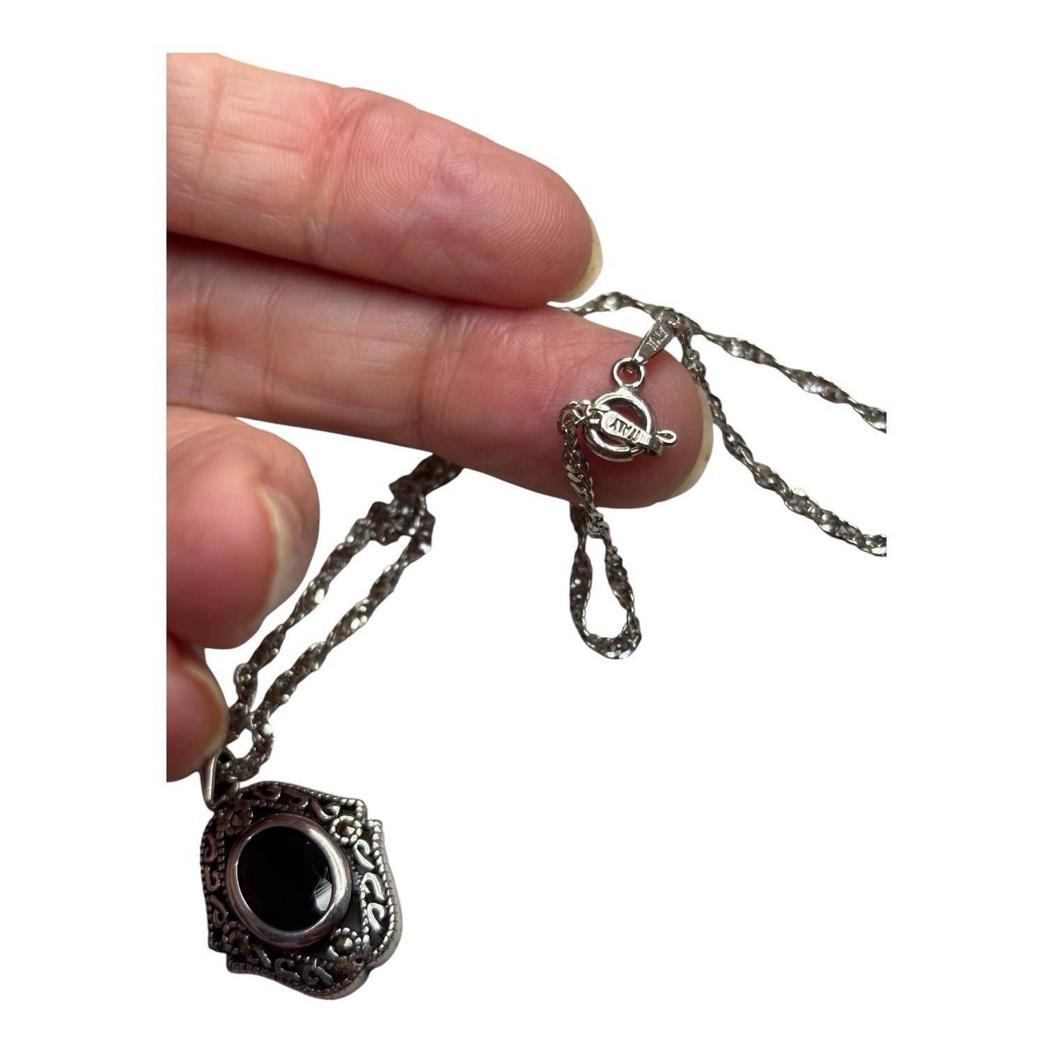 Sterling Silver 925 Garnet Red Marcasite Pendant Necklace Made In Italy Stamped