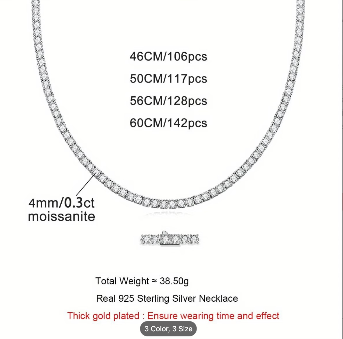 1pc 32ct D Color VVS1 Lab- Tennis Necklace – 925 Sterling Silver