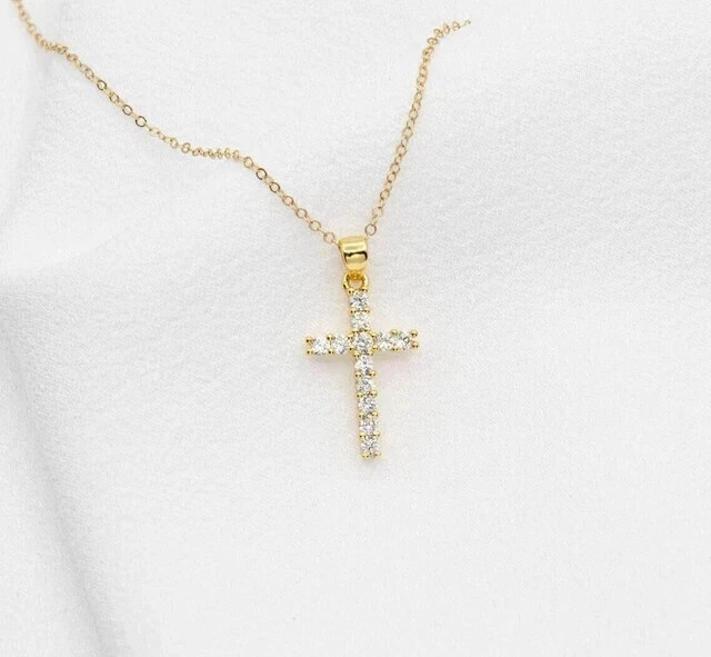 1.50 Ct Round Cut Real Moissanite Cross Women’s Pendant 14K Yellow Gold Plated